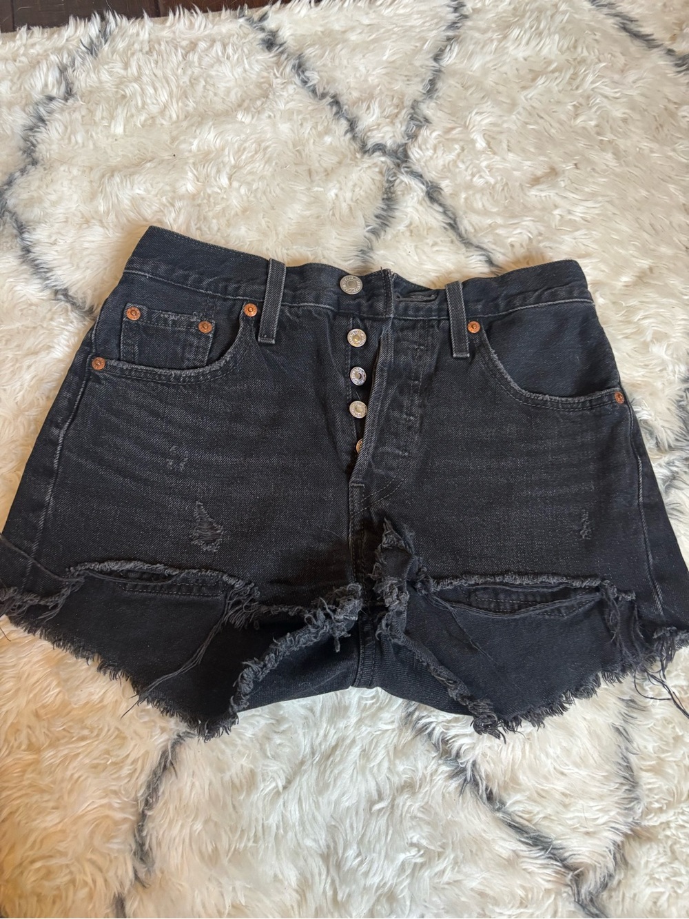 Levi's Black Distressed Button-Fly Denim Shorts